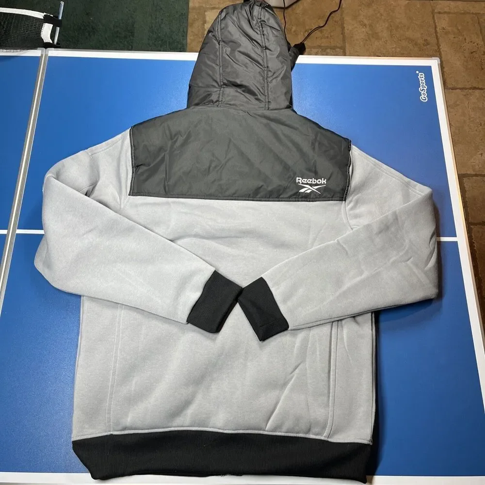 Reebok Mens Jacket L Fleece Quilted Hooded Zip Front Long Sleeve Black Gray $140